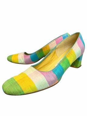Vintage Réalités Rainbow Colorblock Woven Textile Heels Made in USA